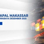 Kapal kontainer berlayar di laut sebagai ilustrasi jadwal kapal Makassar Surabaya terbaru.